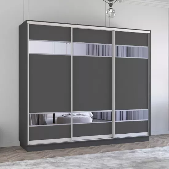 Dulap-cupeu Mobildor Fox, 280x230x60 cm, uși PAL cu elemente din oglindă, Antracit