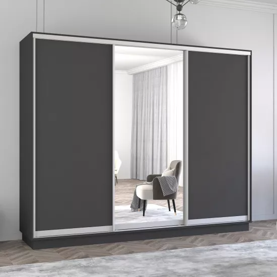 Dulap-cupeu Mobildor Fox, 340x230x60 cm, uși oglindă și PAL, Antracit