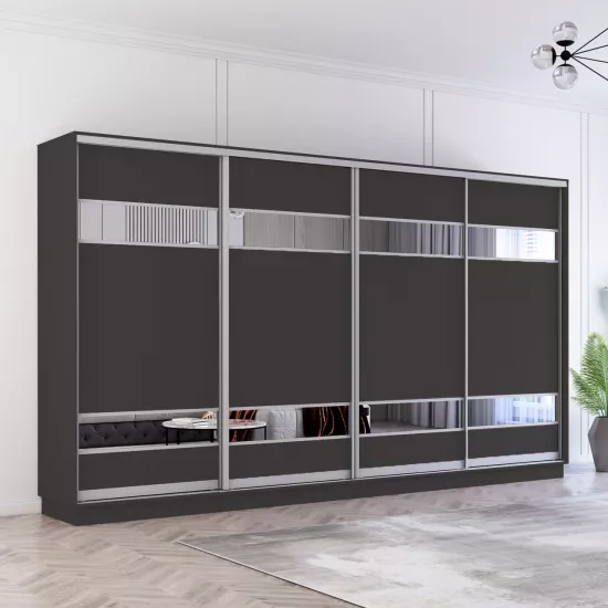 Dulap-cupeu Mobildor Fox, 380x210x60 cm, uși PAL cu elemente din oglindă, Antracit