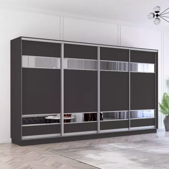 Шкаф купе Mobildor Fox, 380x240x60 cm, двери ДСП с зеркальными элементами, Антрацит