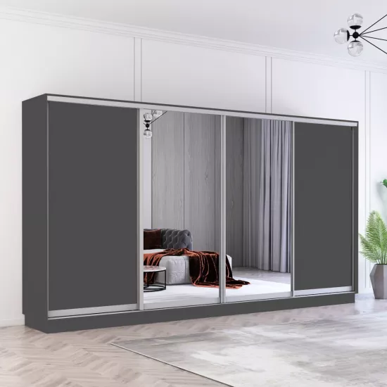 Dulap-cupeu Mobildor Fox, 370x200x60 cm, uși oglindă și PAL, Antracit