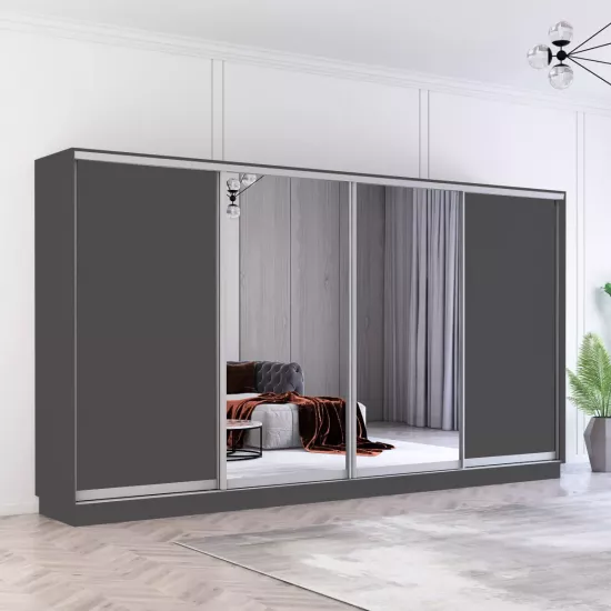 Шкаф купе Mobildor Fox, 390x200x60 cm, зеркальные двери и ДСП, Антрацит