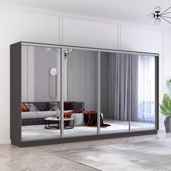 Шкаф купе Mobildor Fox, 380x220x60 cm, зеркальные двери, Антрацит