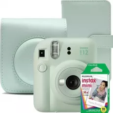 Aparat foto instant Fujifilm Instax Mini 12 Green Mint, husa, album foto si film 1x10