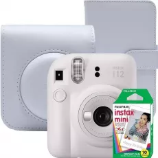 Aparat foto instant Fujifilm Instax Mini 12 Clay White, husa, album foto si film 1x10