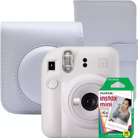 Aparat foto instant Fujifilm Instax Mini 12 Clay White, husa, album foto si film 1x10