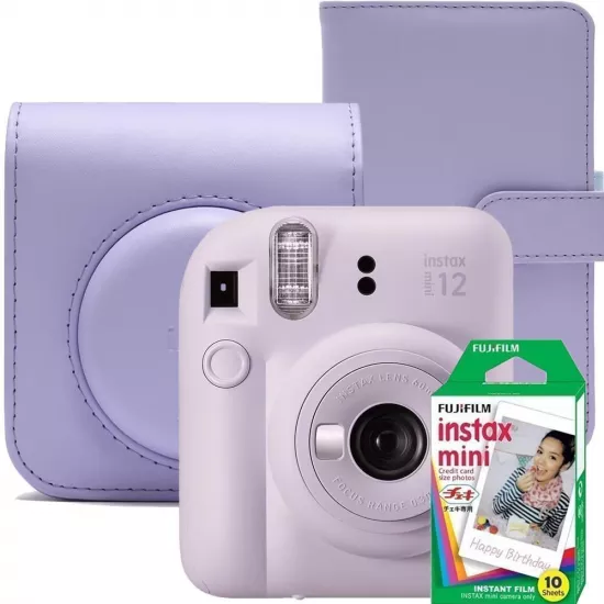 Aparat foto instant Fujifilm Instax Mini 12 Lilac Purple, husa, album foto si film 1x10