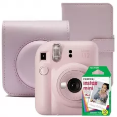 Aparat foto instant Fujifilm Instax Mini 12 Blossom Pink, husa, album foto si film 1x10