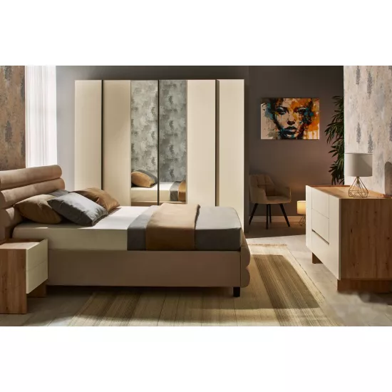 Set dormitor Ambianta Kosmo cu pat 1.6m, Beige/Artisan/Crem