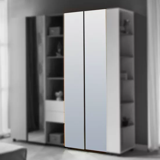 Dulap Ambianta Kosmo (80x52x224 cm) cu polite/bara si usi oglinda, Artisan/Crem