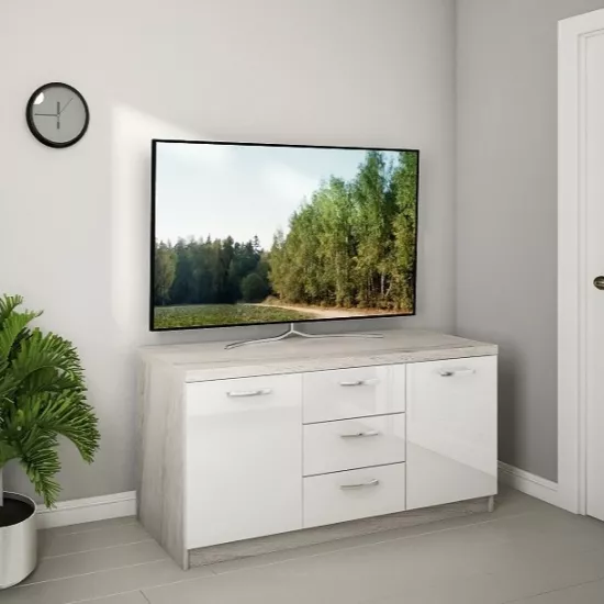 Comodă Bafimob BX-150 (3 sertare) (150 cm), Corton Stejar/Alb Luciu