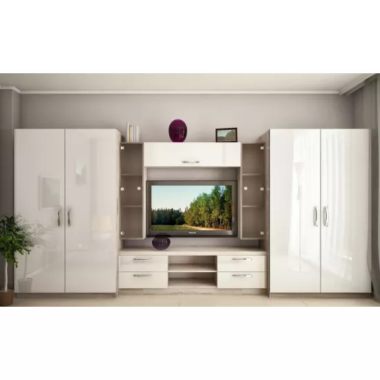 Living Bafimob Roma-Х cu sticla (ТV-1,2m) (420 cm), Corton Stejar/Alb Luciu