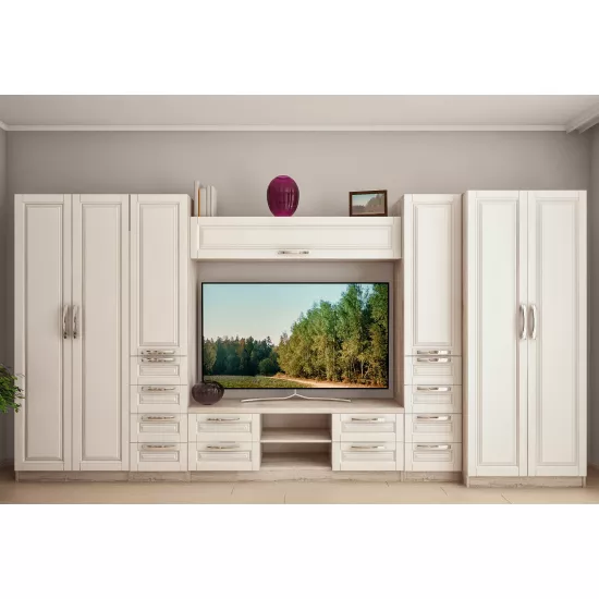 Living Bafimob Liudmila-Mini F (TV-1.5m) cu elemente frezate (390 cm), Corton Stejar/Alb stejar