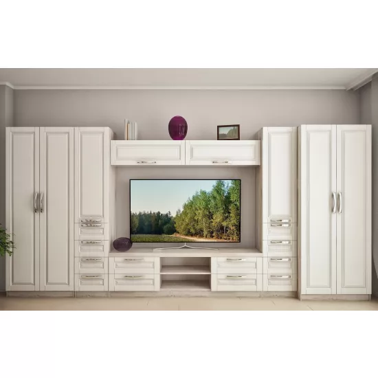 Living Bafimob Liudmila-F (TV-1.8m) cu elemente frezate (420 cm), Corton Stejar/Alb stejar