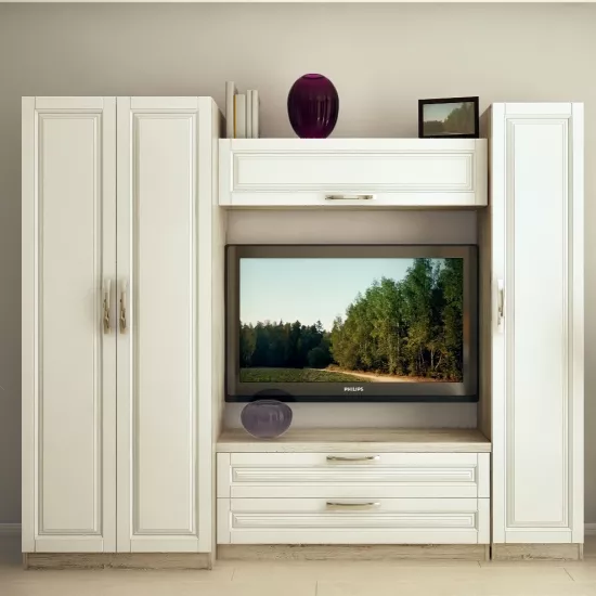 Living Bafimob Iulia-F( 2.4m) cu elemente frezate (240 cm), Corton Stejar/Alb stejar