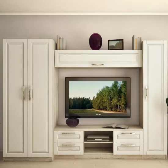 Living Bafimob Elena Mini-F cu elemente frezate (270 cm), Corton Stejar/Alb stejar