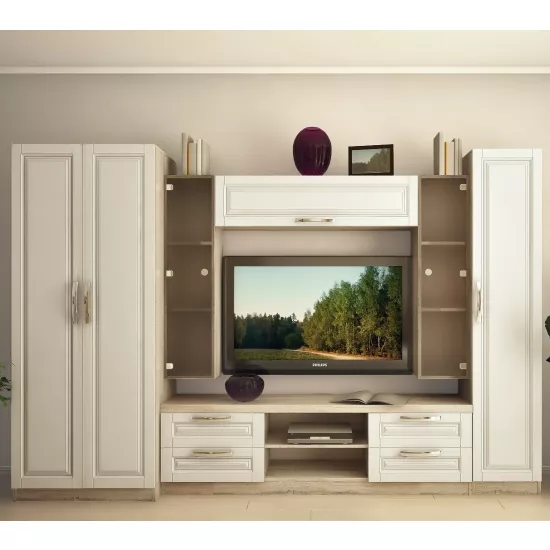 Living Bafimob Elena-F cu sticla (3m) (ТV-1,2m) cu elemente frezate (300 cm), Corton Stejar/Alb stejar