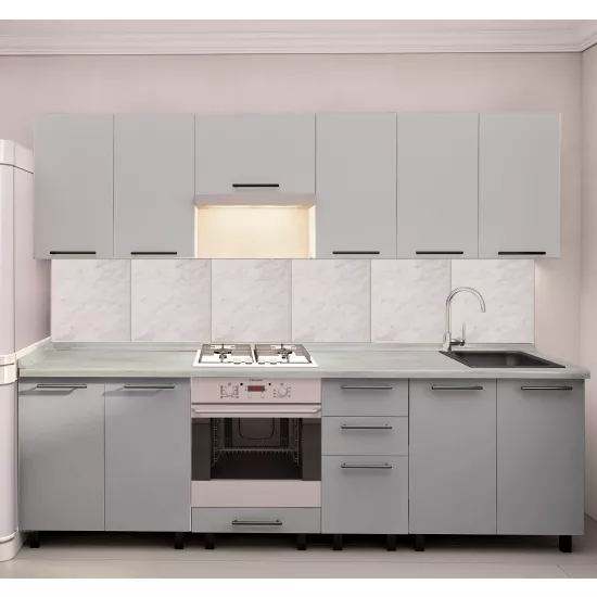 Bucatarie Bafimob Iulia 2.6 m, MDF vopsit, fațadă Neted, Gri deschis mat