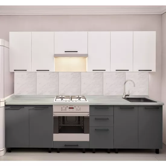 Bucatarie Bafimob Iulia 2.6 m, MDF vopsit, fațadă Neted, Alb mat/Gri mat