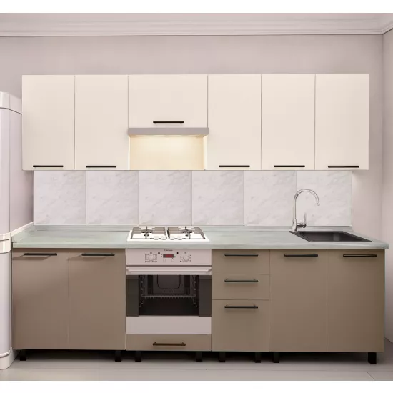 Bucatarie Bafimob Iulia 2.6 m, MDF vopsit, fațadă Neted, Bej mat/Cappuccino mat