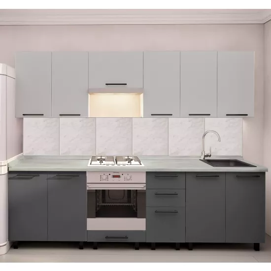 Bucatarie Bafimob Iulia 2.6 m, MDF vopsit, fațadă Neted, Gri deschis mat/Gri mat