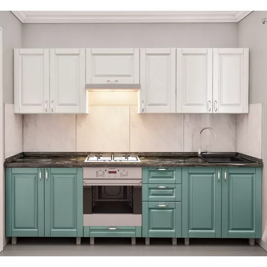 Bucatarie Bafimob Iulia 2.6 m, MDF vopsit, fațadă frezată Clasic, Alb mat/Verde deschis mat