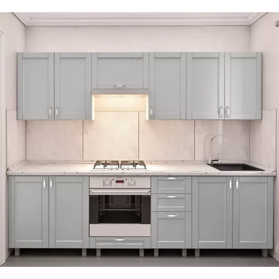 Bucatarie Bafimob Iulia 2.6 m, MDF vopsit, fațadă frezată Modern, Gri deschis mat