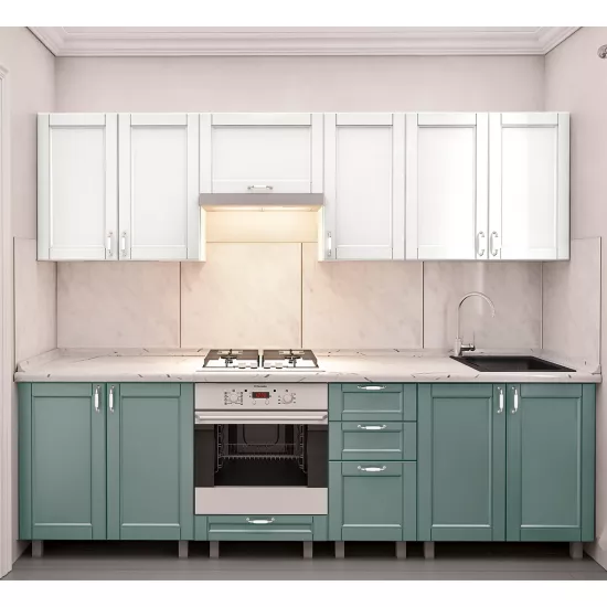 Bucatarie Bafimob Iulia 2.6 m, MDF vopsit, fațadă frezată Modern, Alb mat/Verde deschis mat