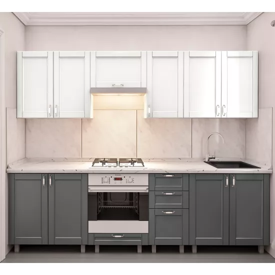 Bucatarie Bafimob Iulia 2.6 m, MDF vopsit, fațadă frezată Modern, Alb mat/Gri mat