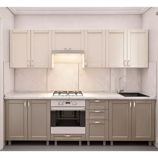 Bucatarie Bafimob Iulia 2.6 m, MDF vopsit, fațadă frezată Modern, Bej mat/Cappuccino mat