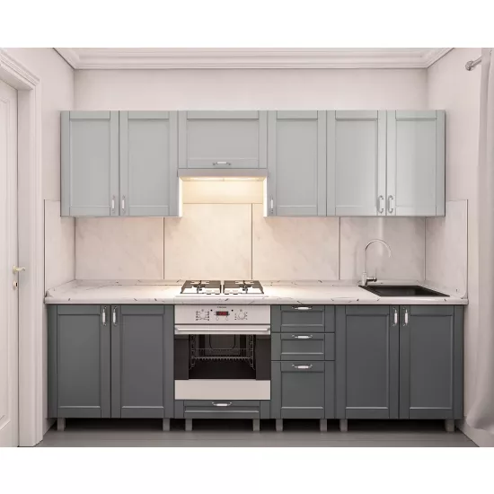 Bucatarie Bafimob Iulia 2.6 m, MDF vopsit, fațadă frezată Modern, Gri deschis mat/Gri mat