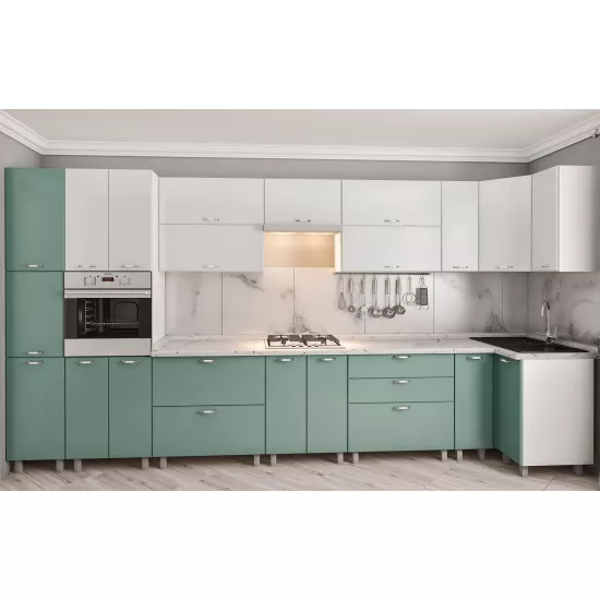 Bucatarie de colț Bafimob Eco 4,1х0,9 m, MDF vopsit, fațadă Neted, Alb mat/Verde deschis mat