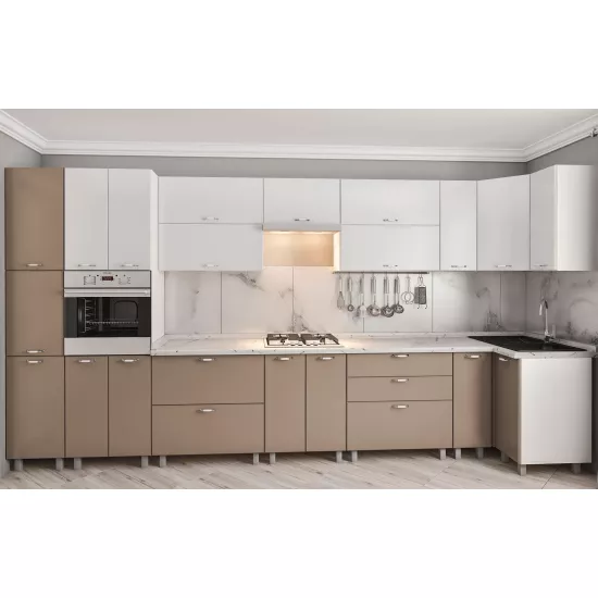 Bucatarie de colț Bafimob Eco 4,1х0,9 m, MDF vopsit, fațadă Neted, Alb mat/Cappuccino mat