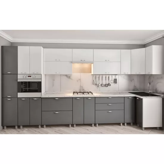 Bucatarie de colț Bafimob Eco 4,1х0,9 m, MDF vopsit, fațadă Neted, Alb mat/Gri mat