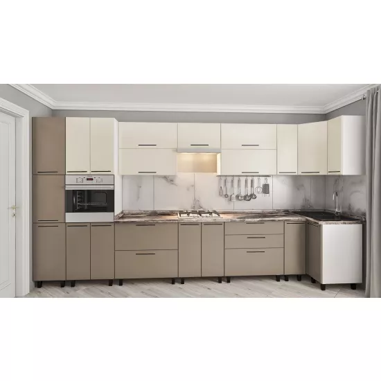 Bucatarie de colț Bafimob Eco 4,1х0,9 m, MDF vopsit, fațadă Neted, Bej mat/Cappuccino mat