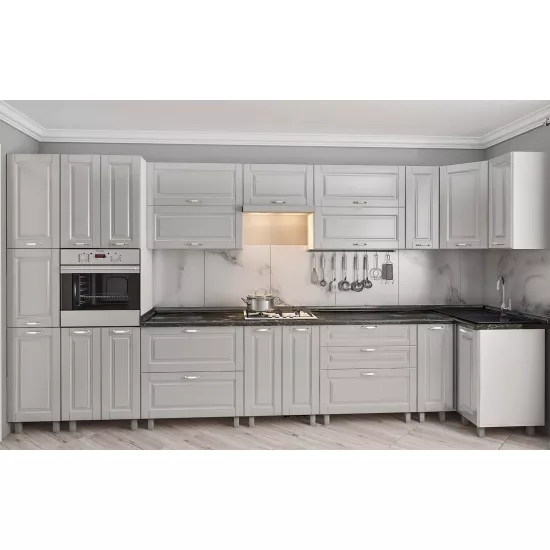 Bucatarie de colț Bafimob Eco 4,1х0,9 m, MDF vopsit, fațadă frezată Clasic, Gri deschis mat