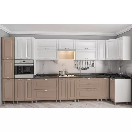 Bucatarie de colț Bafimob Eco 4,1х0,9 m, MDF vopsit, fațadă frezată Clasic, Alb mat/Cappuccino mat