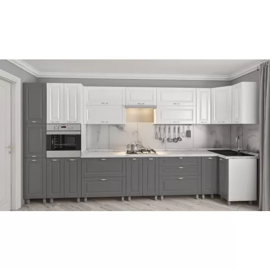 Bucatarie de colț Bafimob Eco 4,1х0,9 m, MDF vopsit, fațadă frezată Clasic, Alb mat/Gri mat