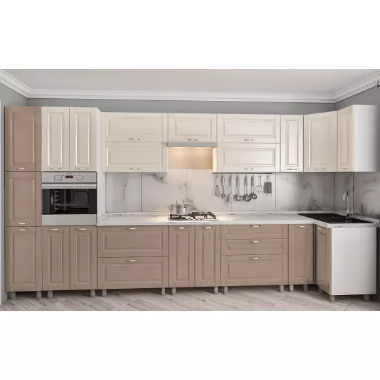 Bucatarie de colț Bafimob Eco 4,1х0,9 m, MDF vopsit, fațadă frezată Clasic, Bej mat/Cappuccino mat