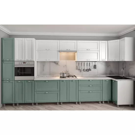 Bucatarie de colț Bafimob Eco 4,1х0,9 m, MDF vopsit, fațadă frezată Modern, Alb mat/Verde deschis mat