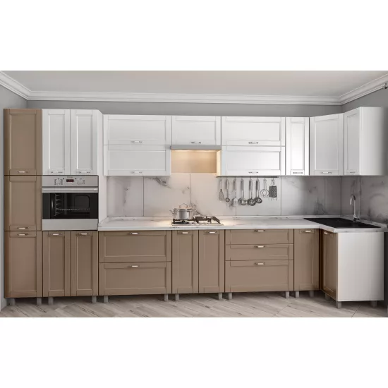 Bucatarie de colț Bafimob Eco 4,1х0,9 m, MDF vopsit, fațadă frezată Modern, Alb mat/Cappuccino mat