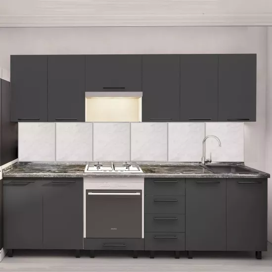 Bucatarie Bafimob Iulia 2.6 m, MDF, cu fatade din panouri mate AGT (Trendy Panel) Gri mat (726 Storm Grey)