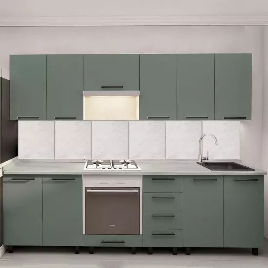 Bucatarie Bafimob Iulia 2.6 m, MDF, cu fatade din panouri mate AGT (Trendy Panel) Verde deschis mat (735 Relax Green)