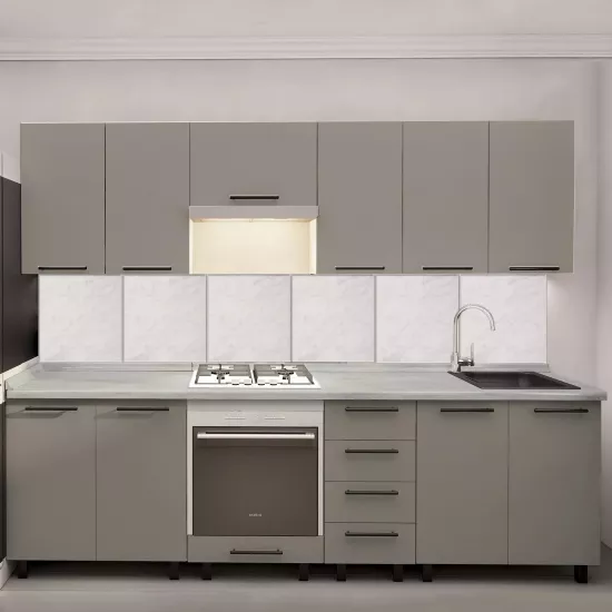 Bucatarie Bafimob Iulia 2.6 m, MDF, cu fatade din panouri mate AGT (Trendy Panel) Cappuccino mat (729 New Grey)