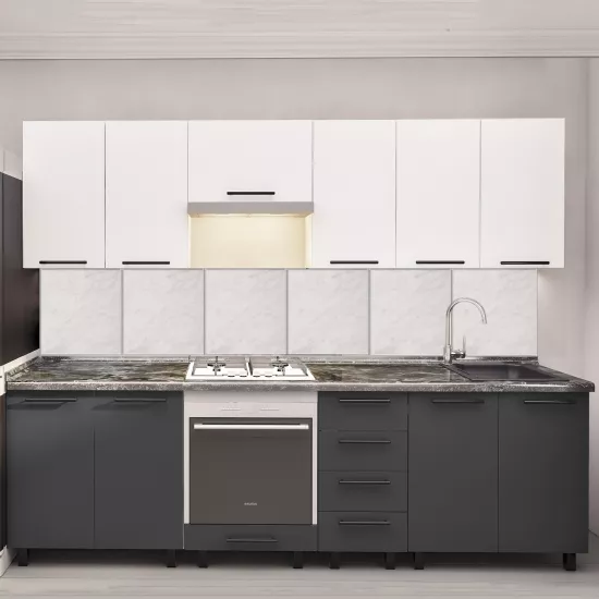 Кухня Bafimob Юлия 2.6 м, МДФ, с фасадами из матовых панелей AGT (Trendy Panel) Белый-матовый (734 White)/Серый-матовый (726 Storm Grey)