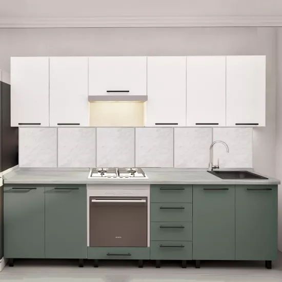 Bucatarie Bafimob Iulia 2.6 m, MDF, cu fatade din panouri mate AGT (Trendy Panel) Alb mat (734 White)/Verde deschis mat (735 Relax Green)