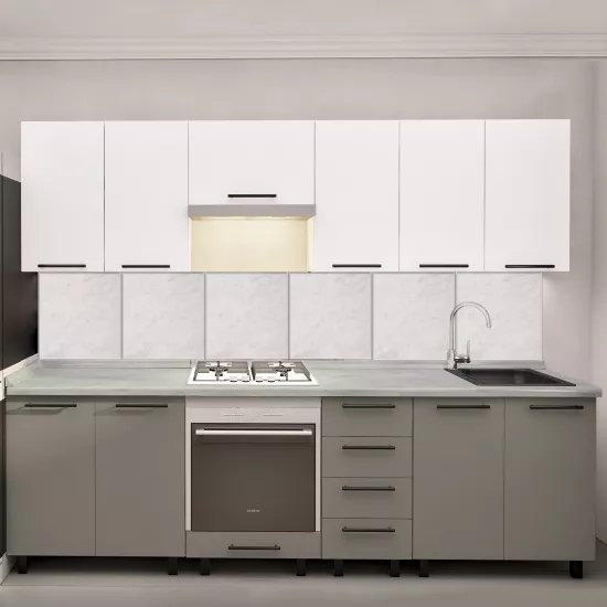 Bucatarie Bafimob Iulia 2.6 m, MDF, cu fatade din panouri mate AGT (Trendy Panel) Alb mat (734 White)/Cappuccino mat (729 New Grey)