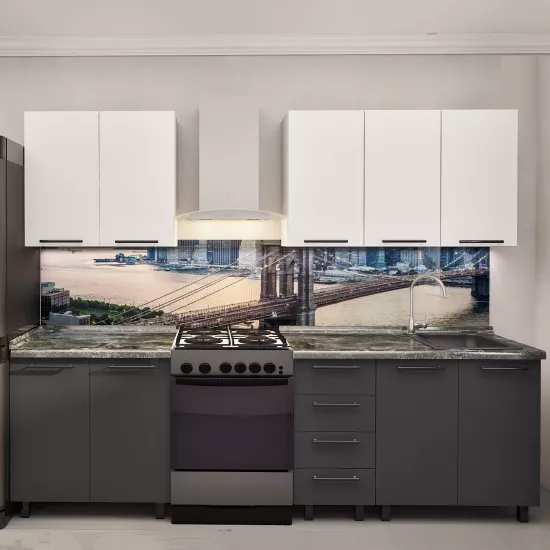 Bucatarie Bafimob Elena 2.0 m, MDF, cu fatade din panouri mate AGT (Trendy Panel) Alb mat (734 White)/Gri mat (726 Storm Grey)