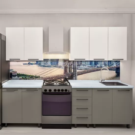 Bucatarie Bafimob Elena 2.0 m, MDF, cu fatade din panouri mate AGT (Trendy Panel) Alb mat (734 White)/Cappuccino mat (729 New Grey)