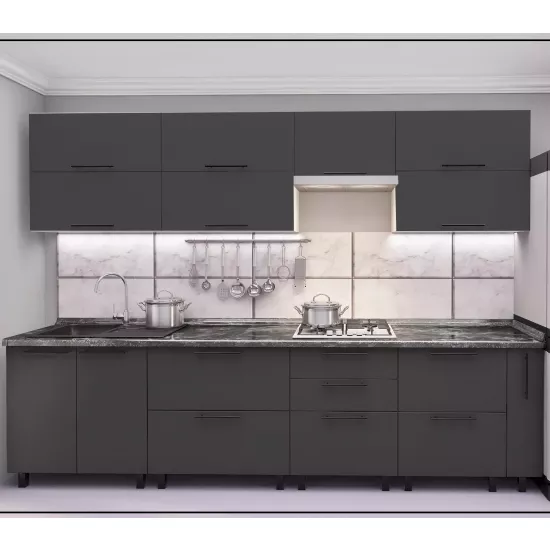 Bucatarie Bafimob Quadro 3.0 m, MDF, cu fatade din panouri mate AGT (Trendy Panel) Gri mat (726 Storm Grey)